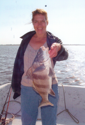 Judy caught and released this nice black drum aboard Affordable Charters.