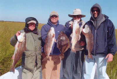 weather conditions, fishing tip. A.J. Hubler, Vince Hubler, Al Hubler, and Walter Lazusky caught these drum and flounder