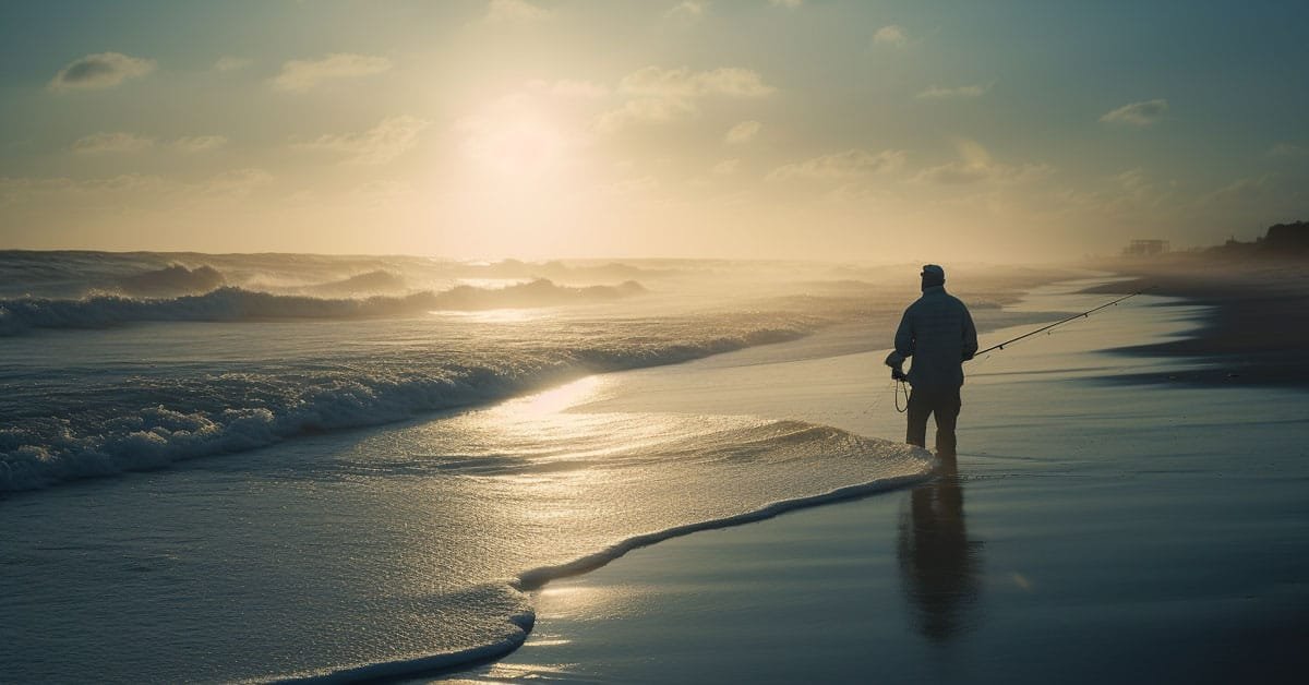 fisherman late evening surf fishing